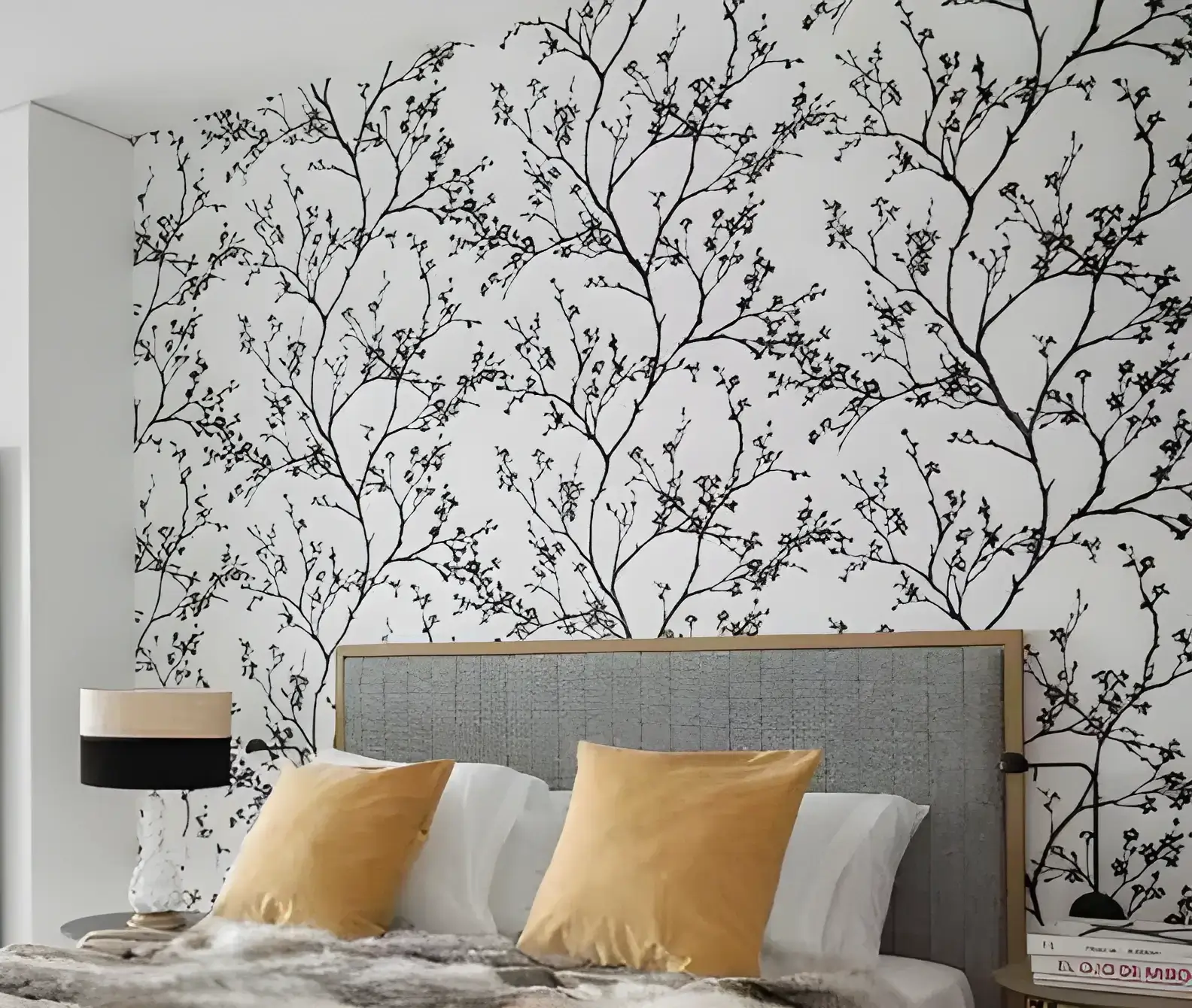 Los Pintores Valladolid instalando papel pintado de ramas en cabecero de dormitorio moderno