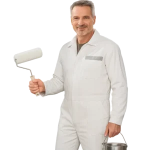 Pintor en Valladolid profesional con mono blanco y rodillo de pintura