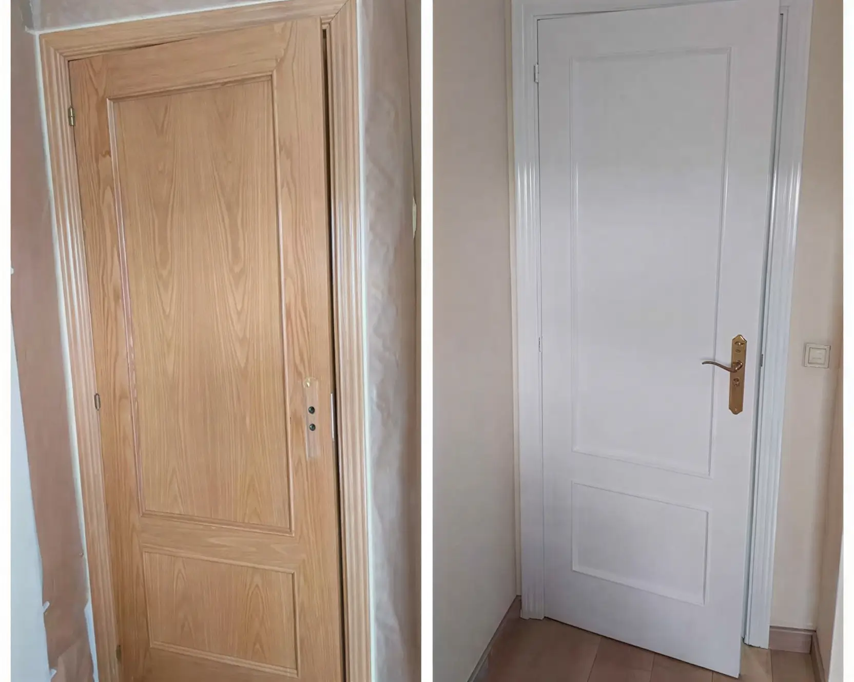 Antes y después de lacar puerta de madera en blanco por Los Pintores Valladolid