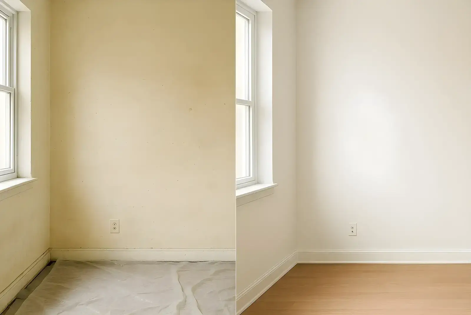 Antes y después de pintura interior en salón, trabajo de Los Pintores Valladolid con paredes renovadas